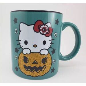 Hello Kitty Halloween Ceramic Mug Teal with glitter Pumpkin & eyeball bow NWT